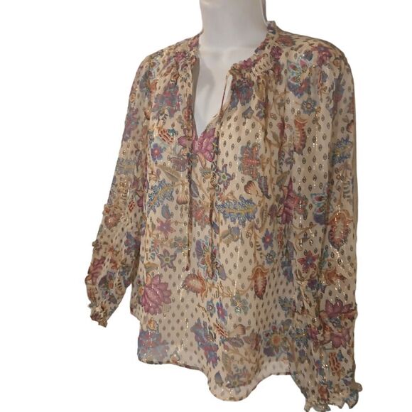 LOFT shimmer Vine smocked ruffle tie neck blouse size LP - Picture 2 of 11